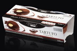 Box of Tartufo Classico dessert displayed on a glossy black surface, showing chocolate-coated dome desserts with a creamy center.