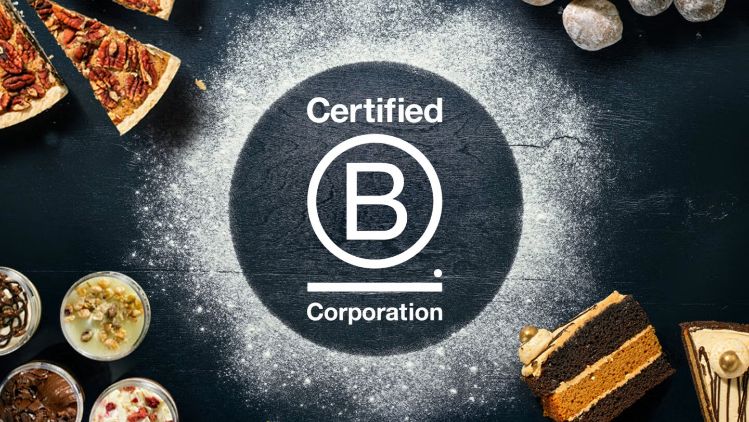 B Corp-certificering voor duurzame bakkerij- en voedingsbedrijven, afgebeeld met gebak en desserts.