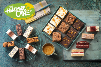 Assortment of sliced cakes arranged on trays and a cooling rack with a cup of coffee, shown next to The Handmade Cake Company logo.