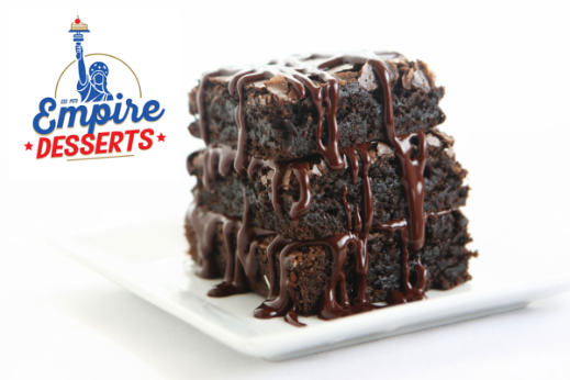 Stack of chocolate brownies drizzled with chocolate sauce, shown beside the Empire Desserts logo.