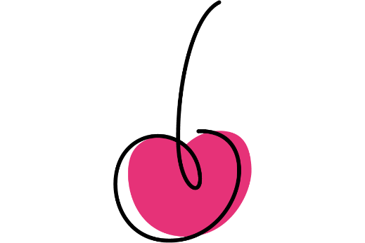 Simple hand‑drawn cherry formed by a black swirl line with a pink circular background shape.