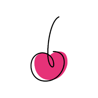 Simple hand‑drawn cherry formed by a black swirl line with a pink circular background shape.