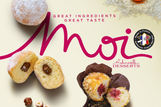 Assorted filled mini beignets with ingredients such as berries and hazelnuts beside Moi by Mademoiselle Desserts branding.