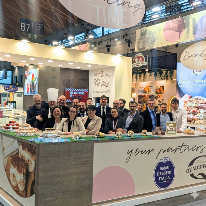 Emmi Desserts exhibition booth at SIGEP 2026 featuring a counter with displayed pastries and branded panels from Bontà Divina, Rachelli and Quadrifoglio, with a group standing behind the counter.