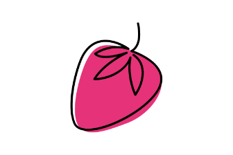 Simple hand‑drawn strawberry formed by a black swirl line with a pink circular background shape.