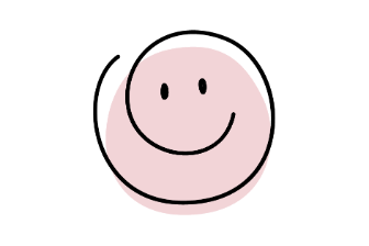 Simple hand‑drawn smiley face formed by a black swirl line with a pink circular background shape.