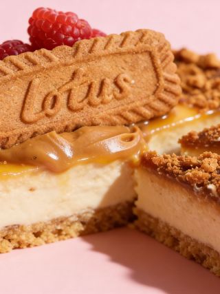 Lotus Biscoff cheesecake topped with caramel, cookie crumbs, and fresh raspberries on a pink background