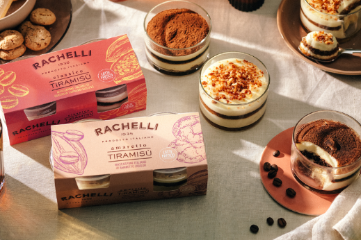 Rachelli tiramisu packaging displayed with several glass‑served tiramisu portions arranged on a table.