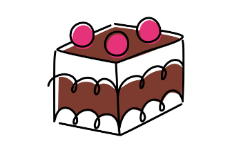 Simple hand‑drawn illustration of a layered black forrest chocolate cake slice with three pink round decorations on top.